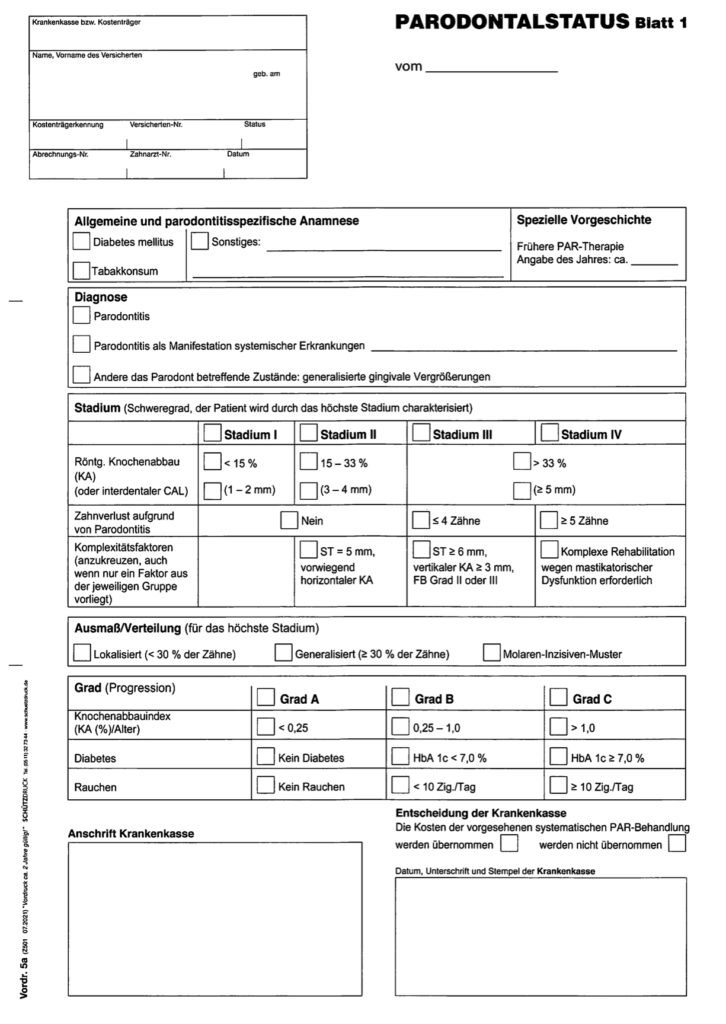 Parodontalstatus-Vordruck, Blatt 1: Zahnschema mit Feldern für Sondierungstiefen und Sondierungsblutung