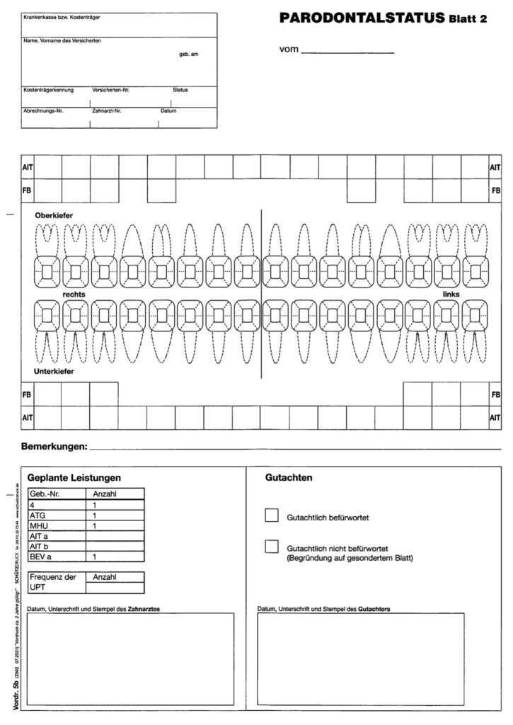 Parodontalstatus-Vordruck, Blatt 2: Felder für Anamnese, Röntgenbefund, Diagnose sowie Stadium und Grad