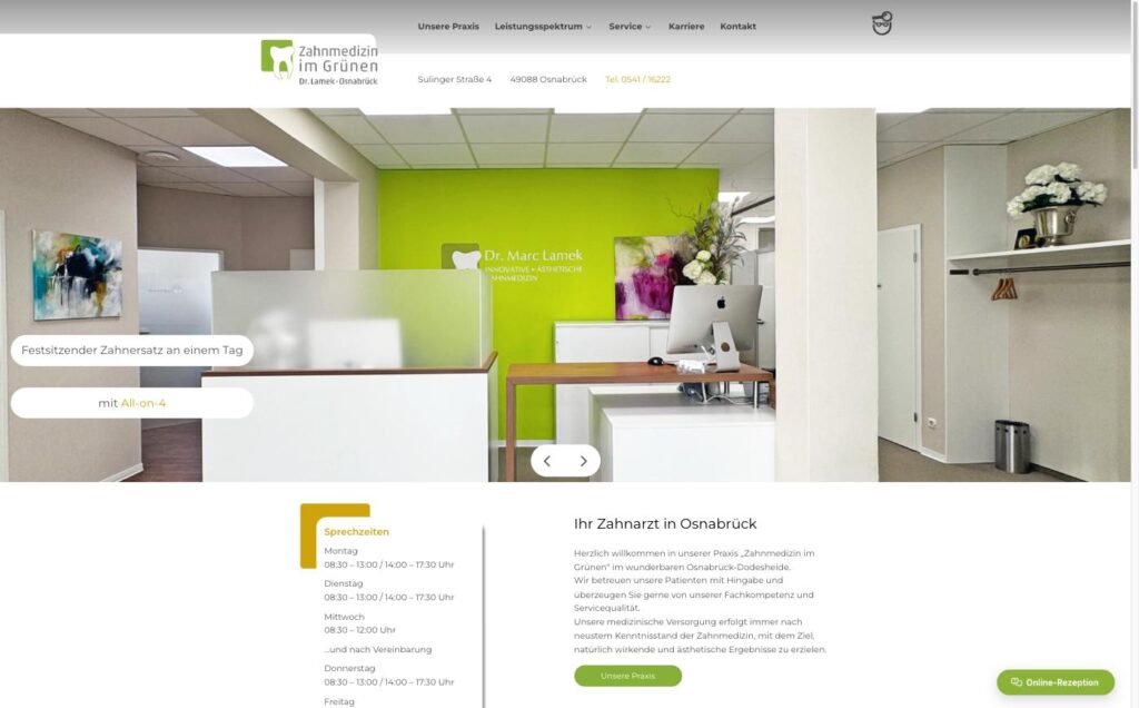 Startseite der Website von Zahnmedizin im Grünen, Dr. Marc Lamek in Osnabrück