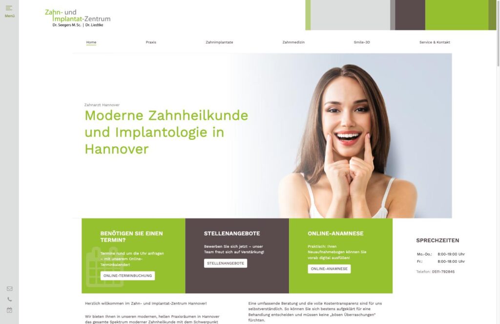 Startseite der Website des Zahn- und Implantat-Zentrums Dr. Seegers & Dr. Liedtke in Hannover-Herrenhausen